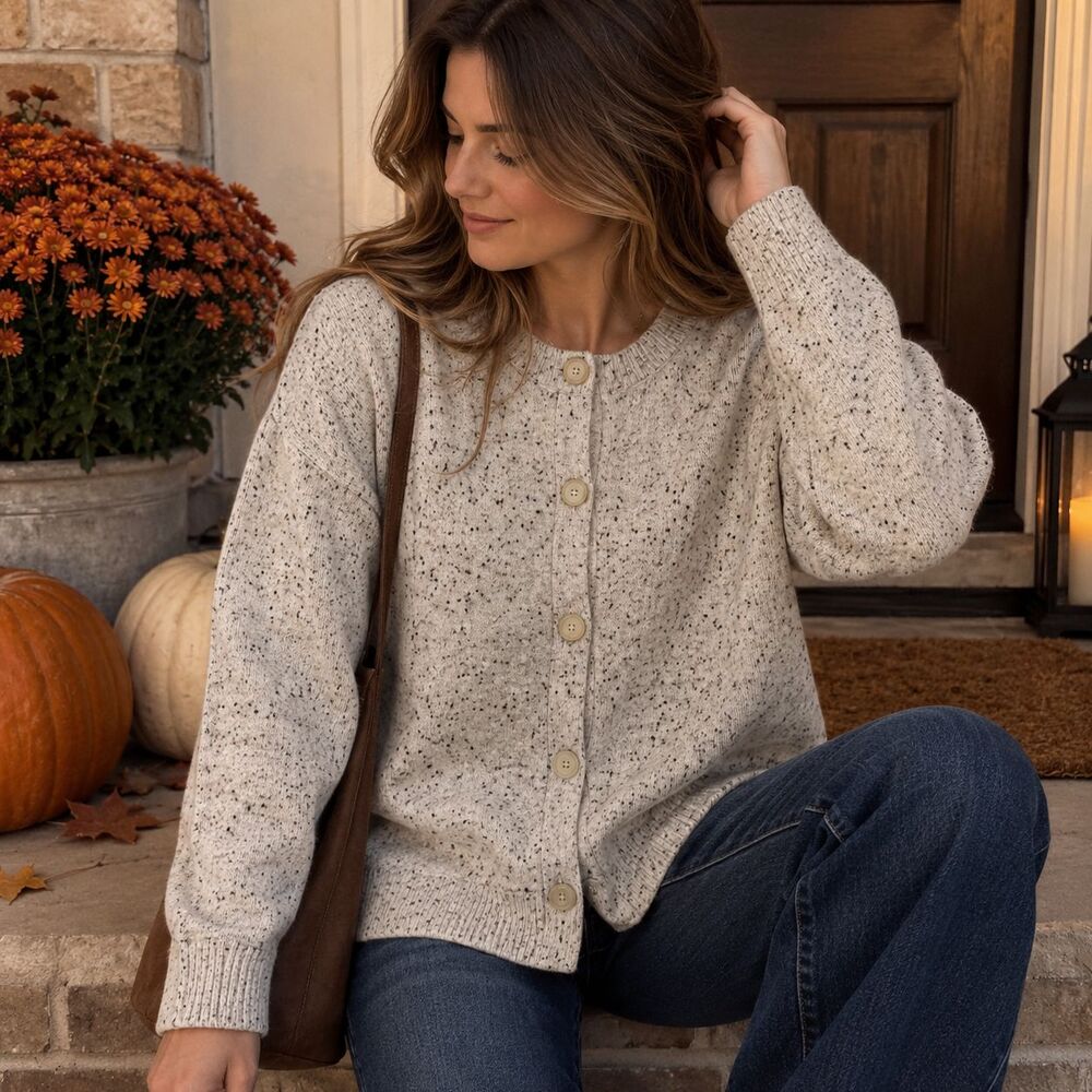 LOFT Sweater Cardigan Womens XL Beige Speckled Crewneck Button Knit Long Sleeve
